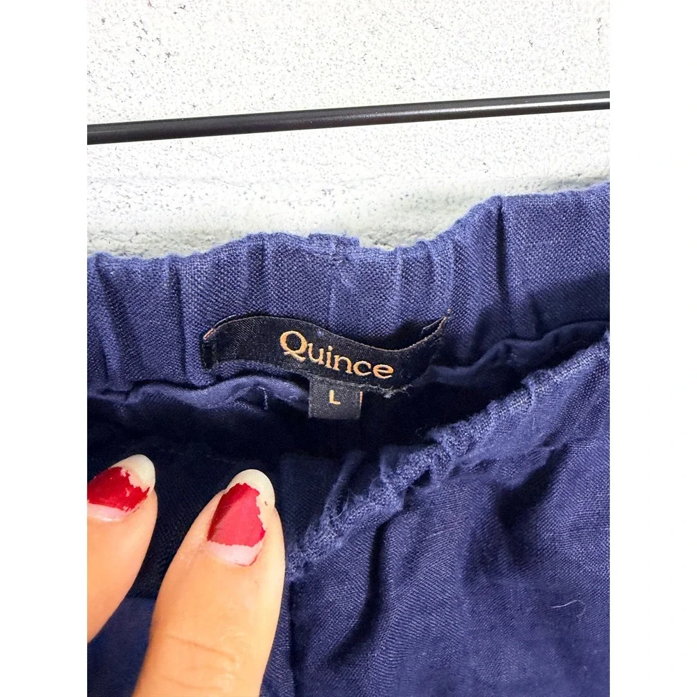 Quince 100% European Linen Pants Women L Deep Navy Blue Elastic Waist Pockets